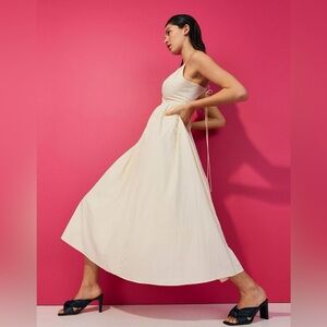 Cream V-neck drawstring dress